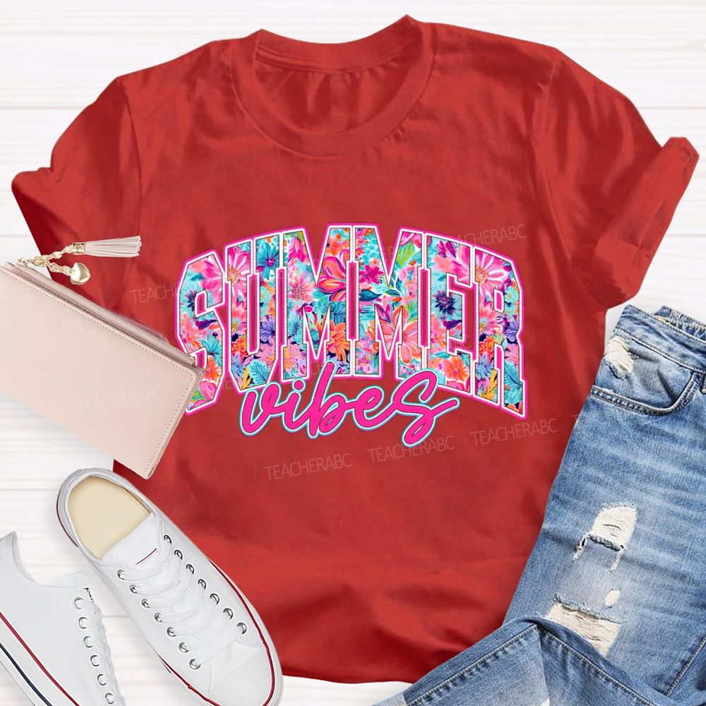 Summer Vibes Fancy Fonts Teacher T-shirt