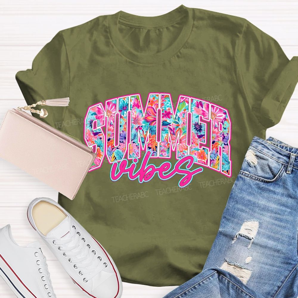 Summer Vibes Fancy Fonts Teacher T-shirt