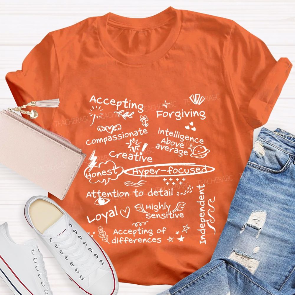 Accepting Forgiving Compassionate Creative Attention To Detail Teacher T-shirt