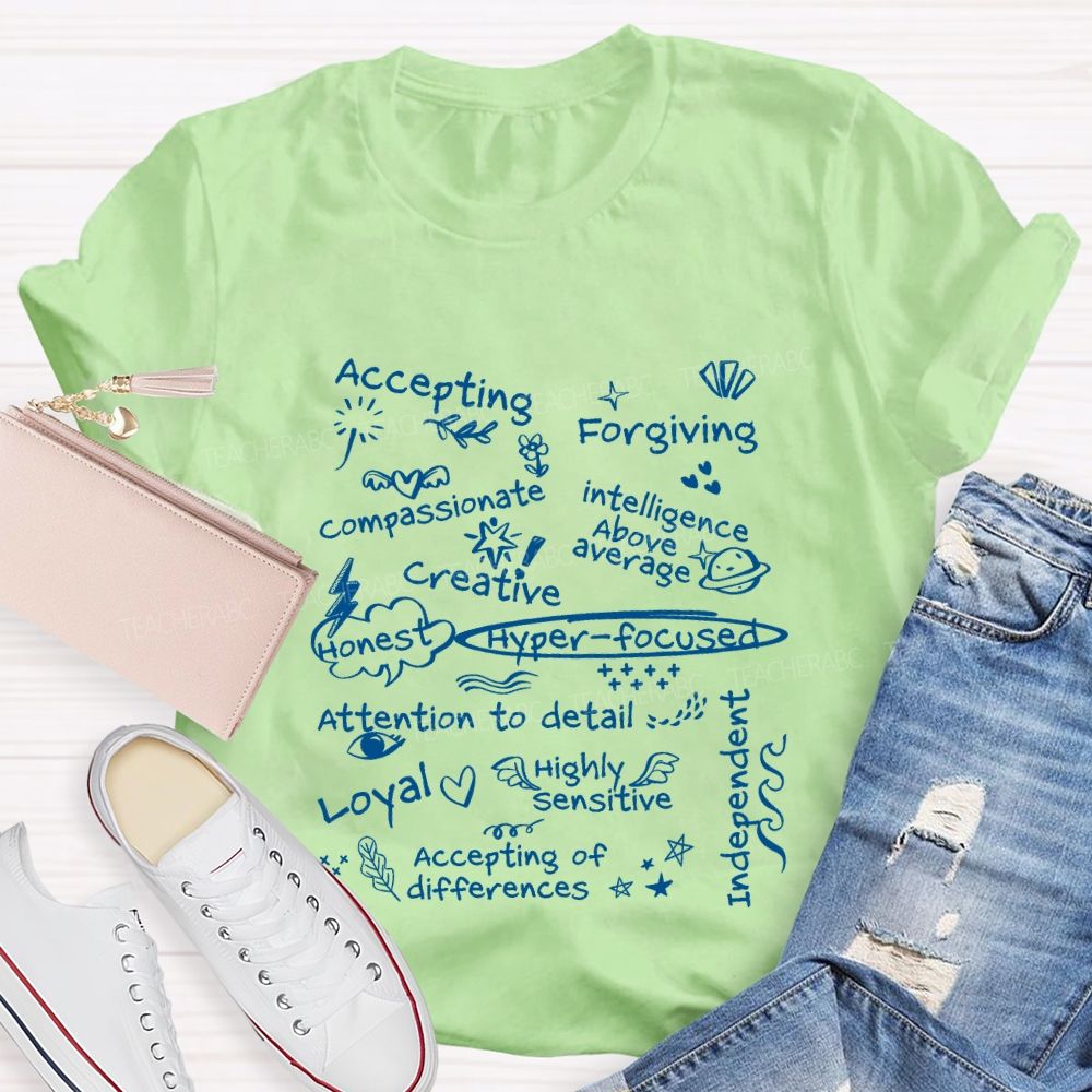 Accepting Forgiving Compassionate Creative Attention To Detail Teacher T-shirt