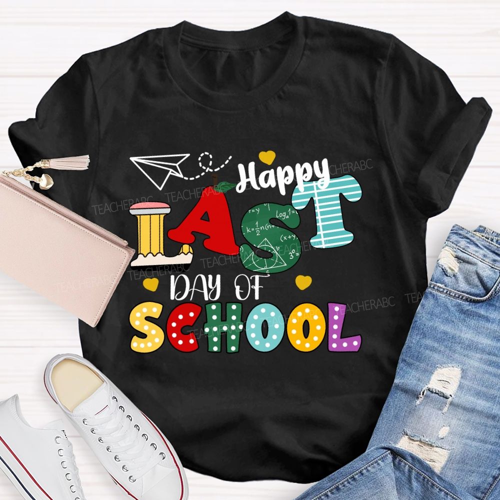 Happy Last Day Of School Apple Strip Teacher T-Shirt