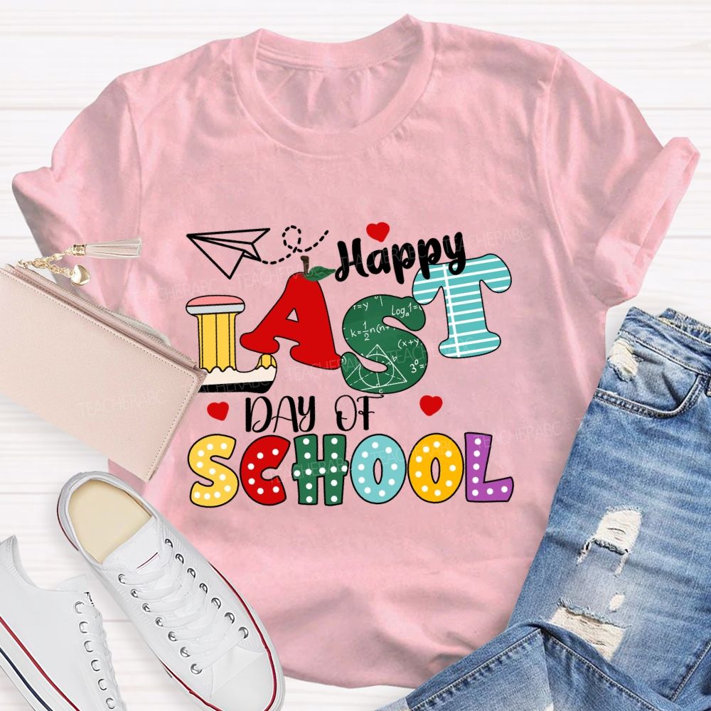 Happy Last Day Of School Apple Strip Teacher T-Shirt