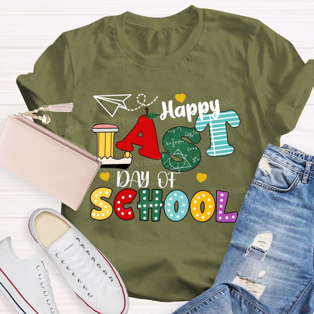Happy Last Day Of School Apple Strip Teacher T-Shirt
