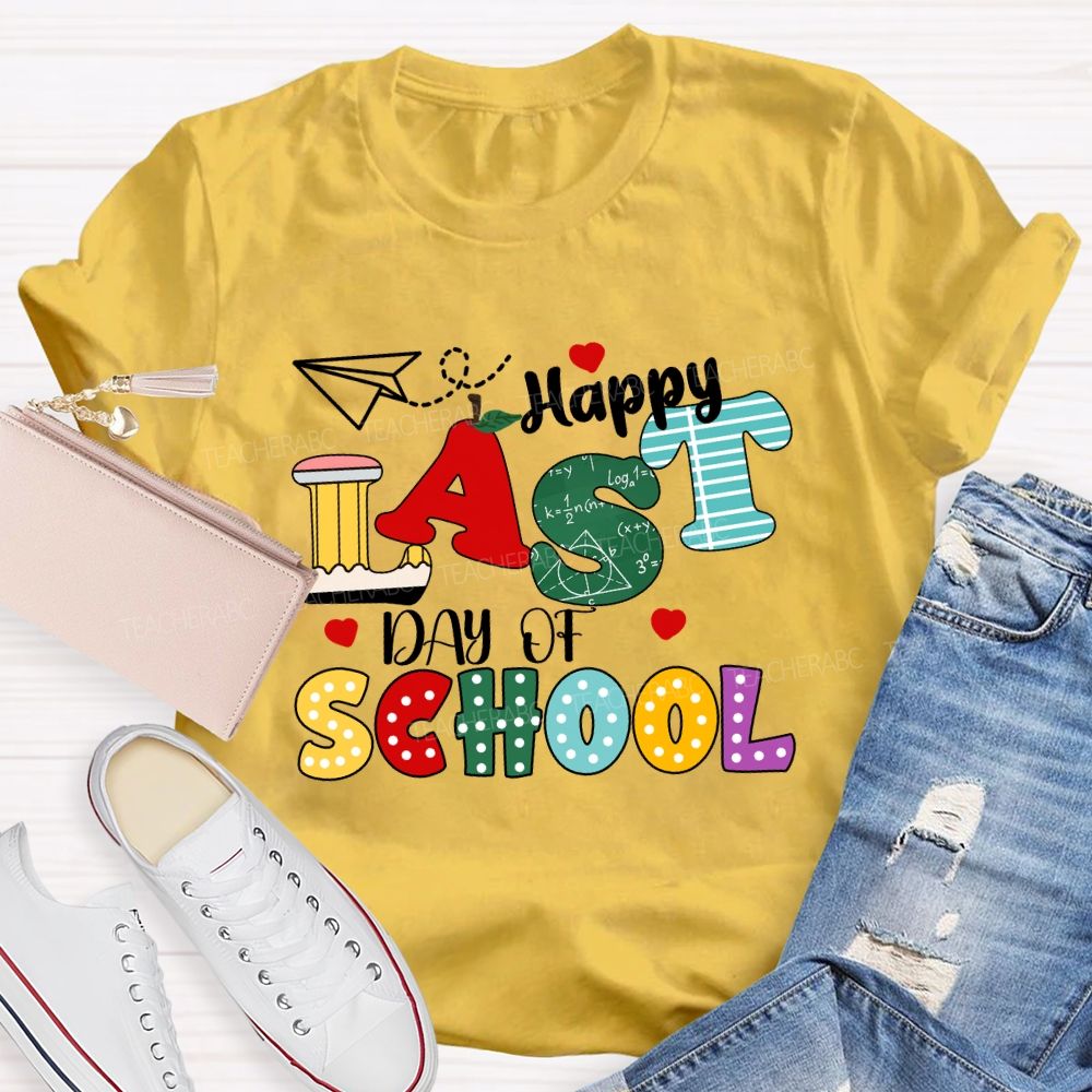 Happy Last Day Of School Apple Strip Teacher T-Shirt