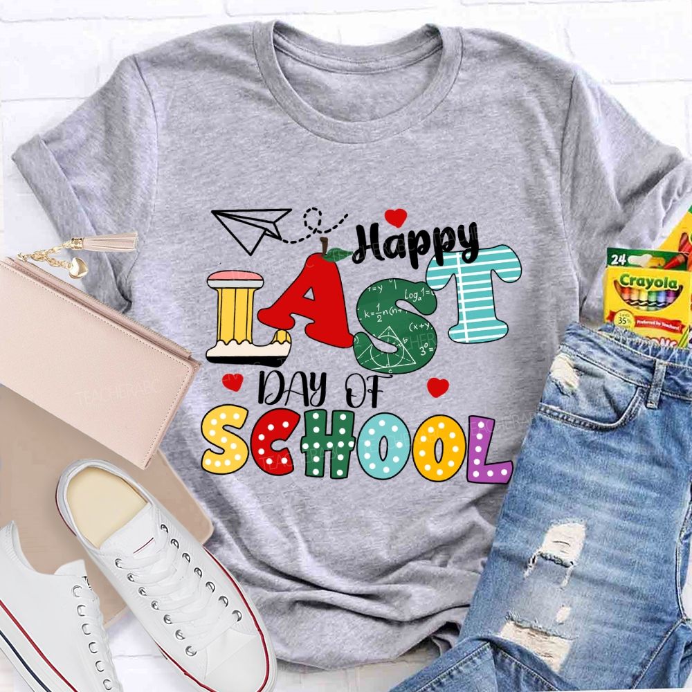Happy Last Day Of School Apple Strip Teacher T-Shirt