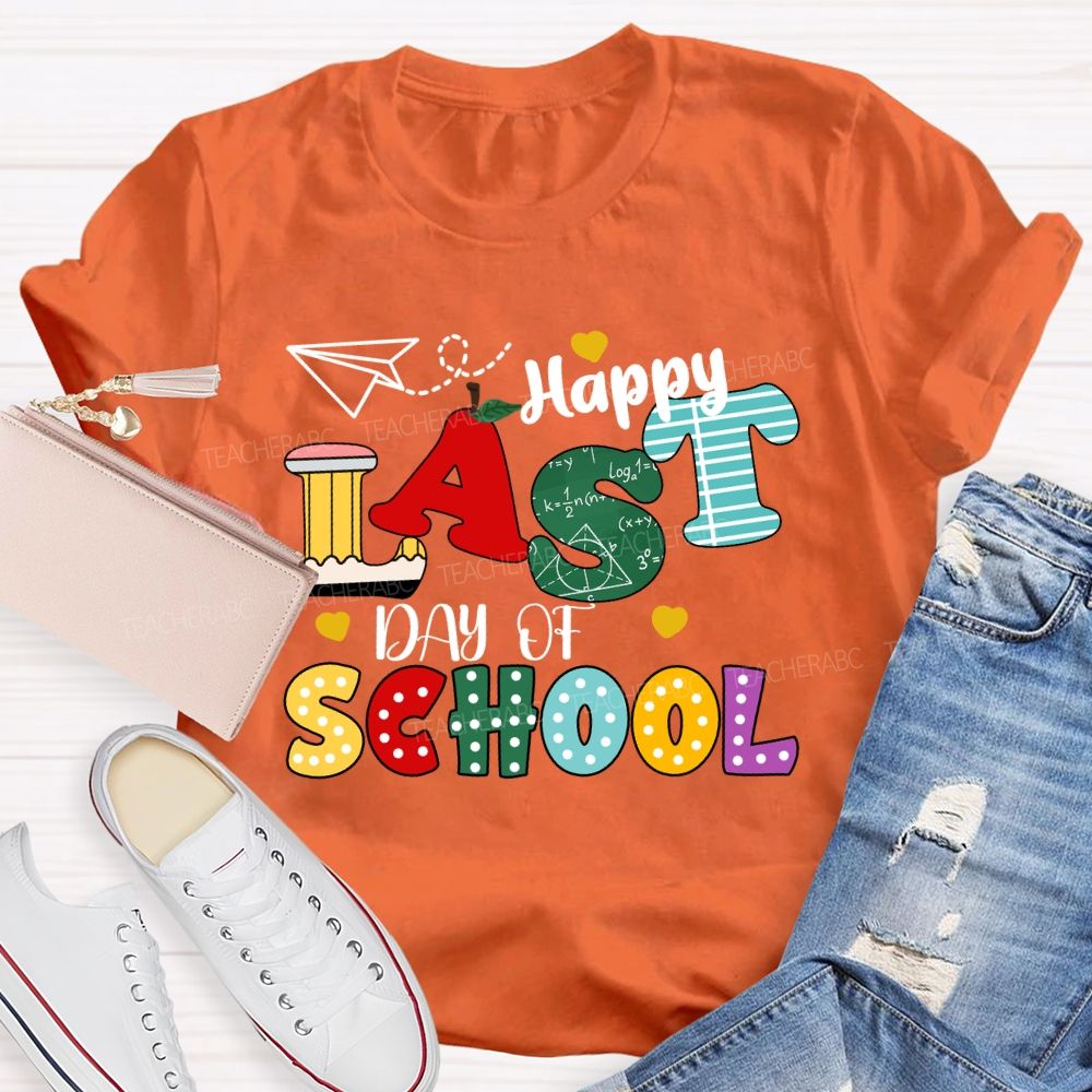 Happy Last Day Of School Apple Strip Teacher T-Shirt