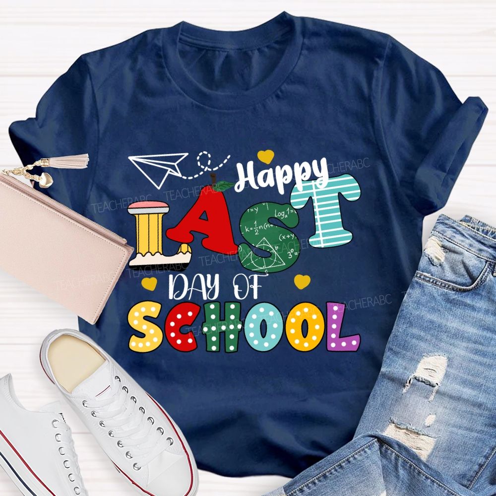 Happy Last Day Of School Apple Strip Teacher T-Shirt