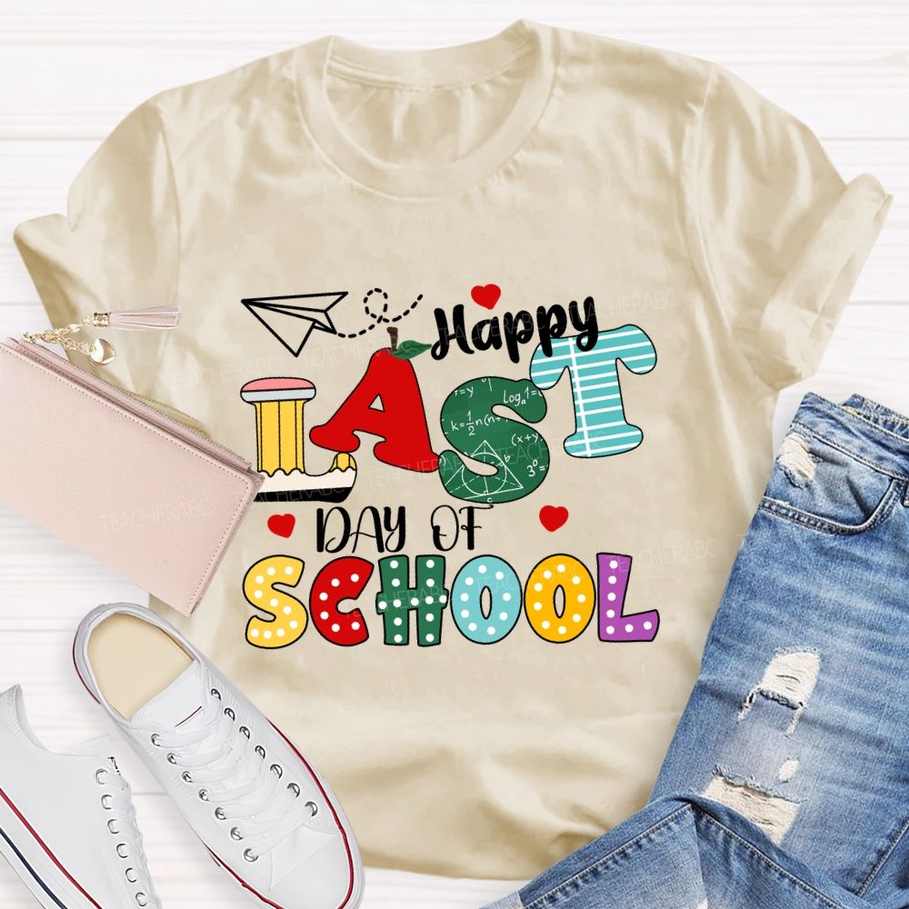 Happy Last Day Of School Apple Strip Teacher T-Shirt