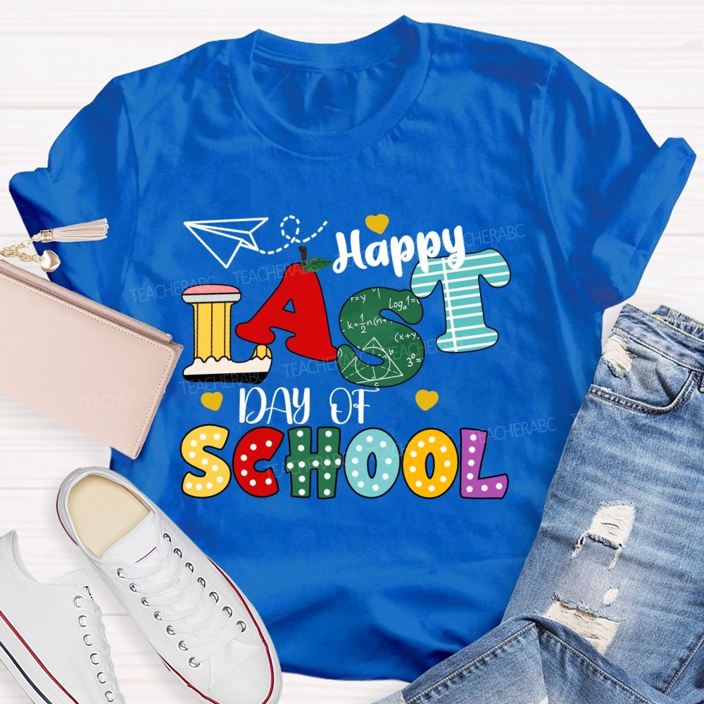 Happy Last Day Of School Apple Strip Teacher T-Shirt