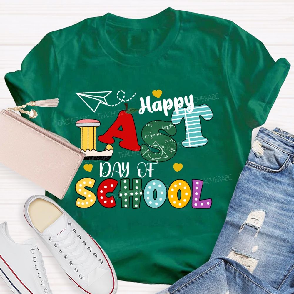 Happy Last Day Of School Apple Strip Teacher T-Shirt