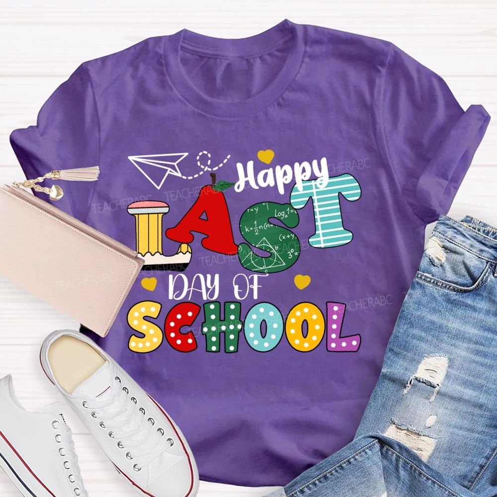 Happy Last Day Of School Apple Strip Teacher T-Shirt