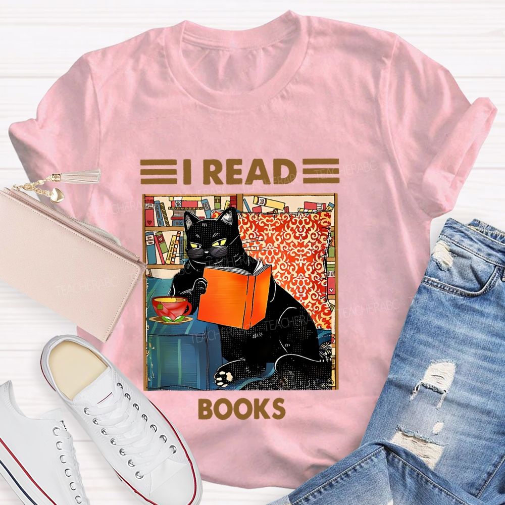I Read Books Cat Graphic  Teacher T-shirt