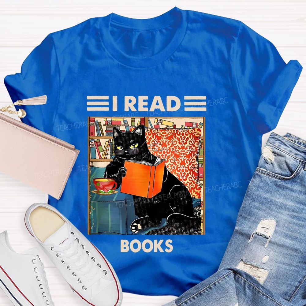 I Read Books Cat Graphic  Teacher T-shirt