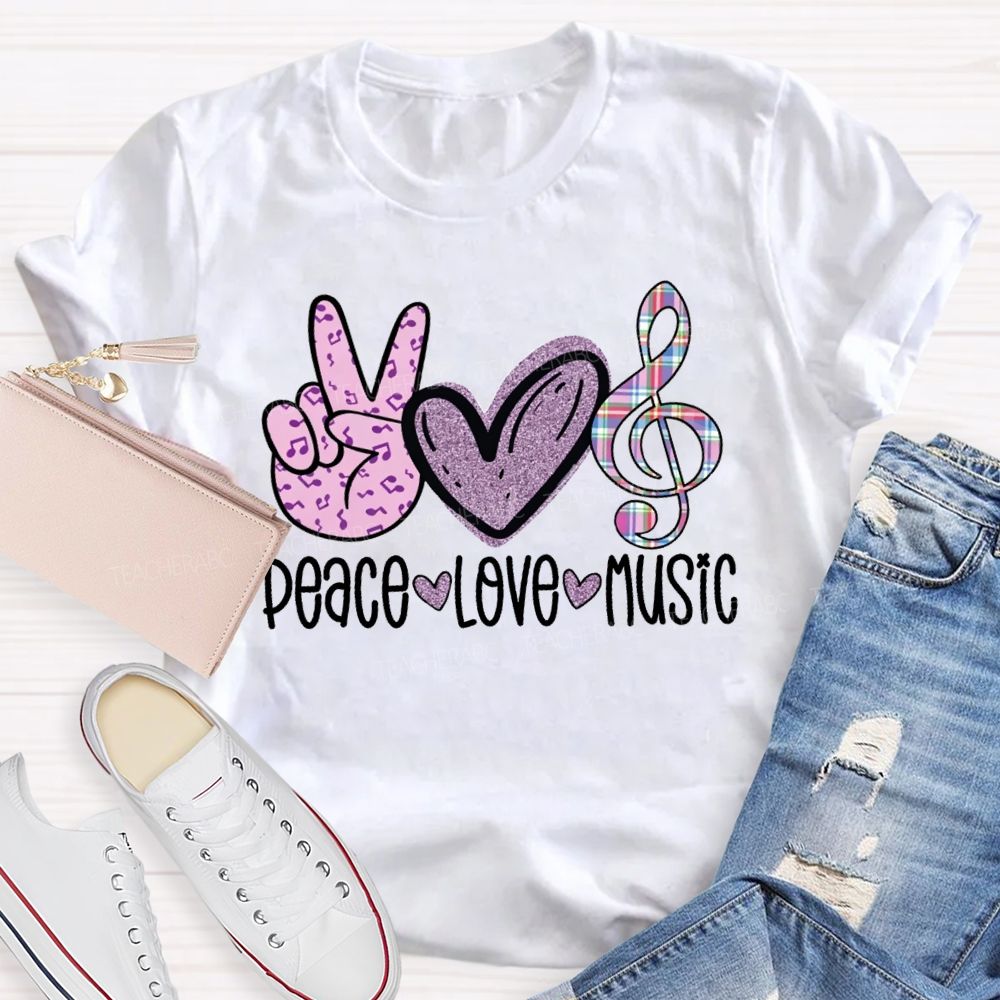 Peace Love Music Heart-Shaped Musical Notes Teacher T-shirt
