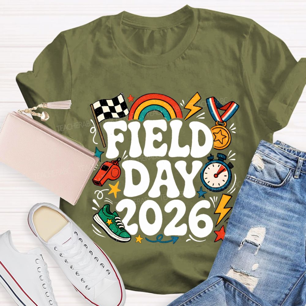 Field Day 2026 Rainbows And Badges Teacher T-shirt