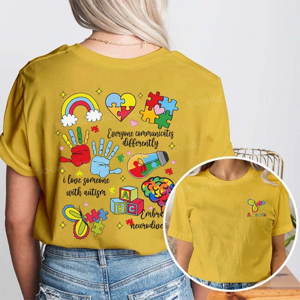 Personalized Name I Love Someone With Autism Double Printed T-shirt
