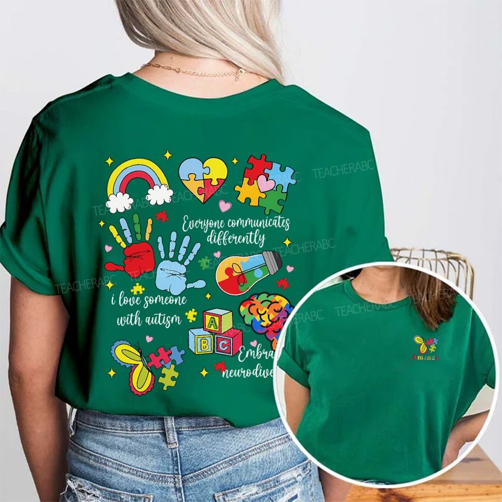 Personalized Name I Love Someone With Autism Double Printed T-shirt