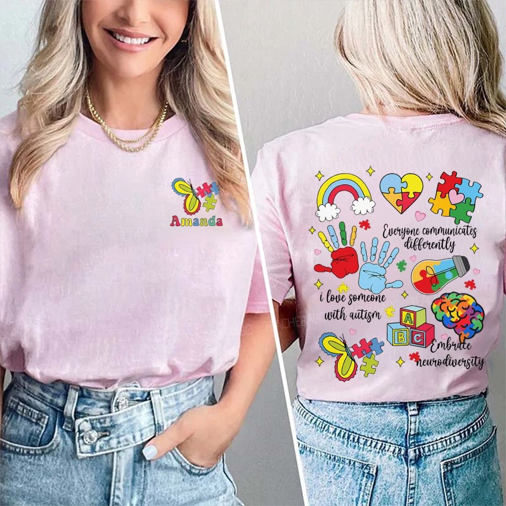 Personalized Name I Love Someone With Autism Double Printed T-shirt