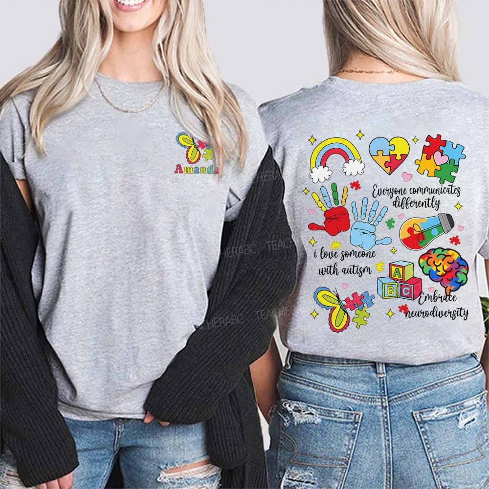 Personalized Name I Love Someone With Autism Double Printed T-shirt