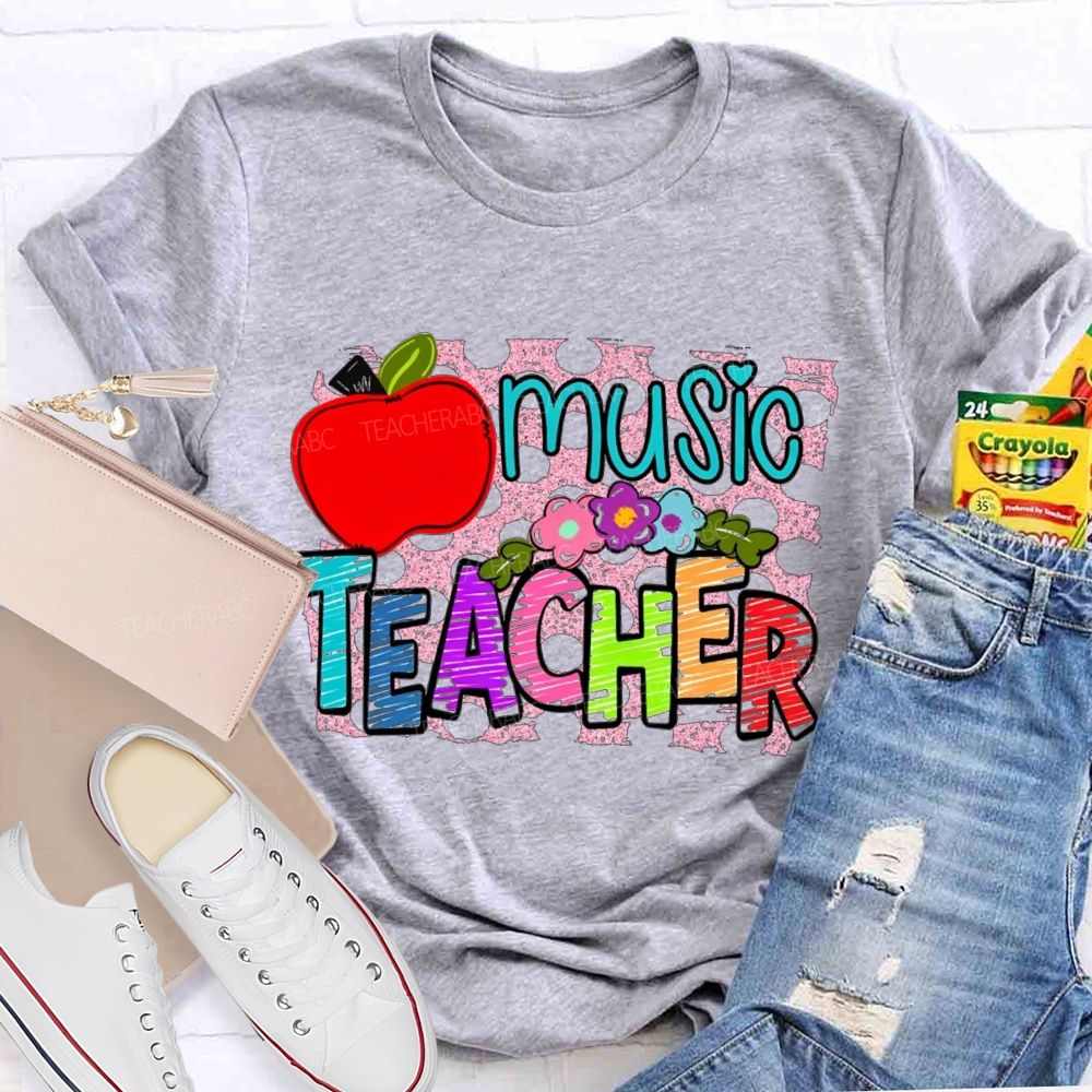 Music Teacher Flowers And Apples Teacher T-shirt