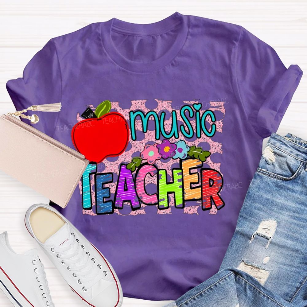 Music Teacher Flowers And Apples Teacher T-shirt