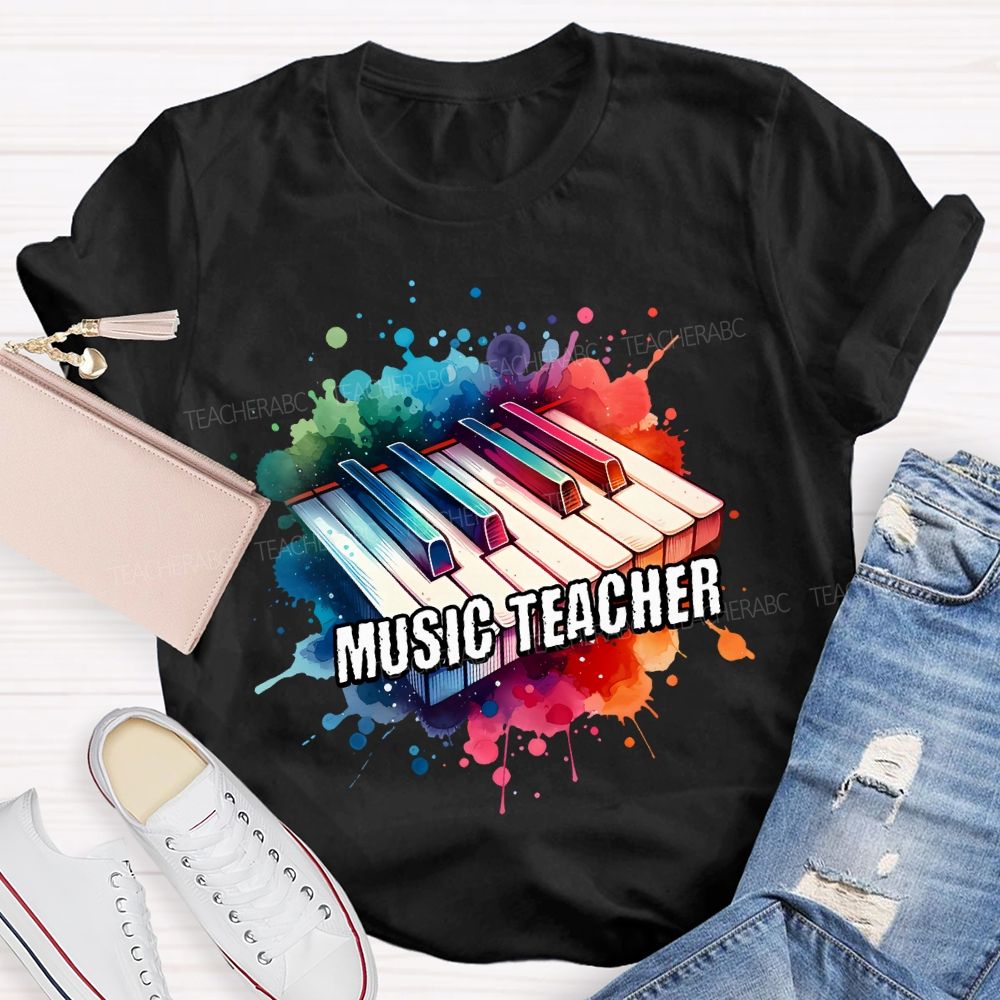 Music Teacher Watercolor Splashes And Piano Keys Teacher T-shirt