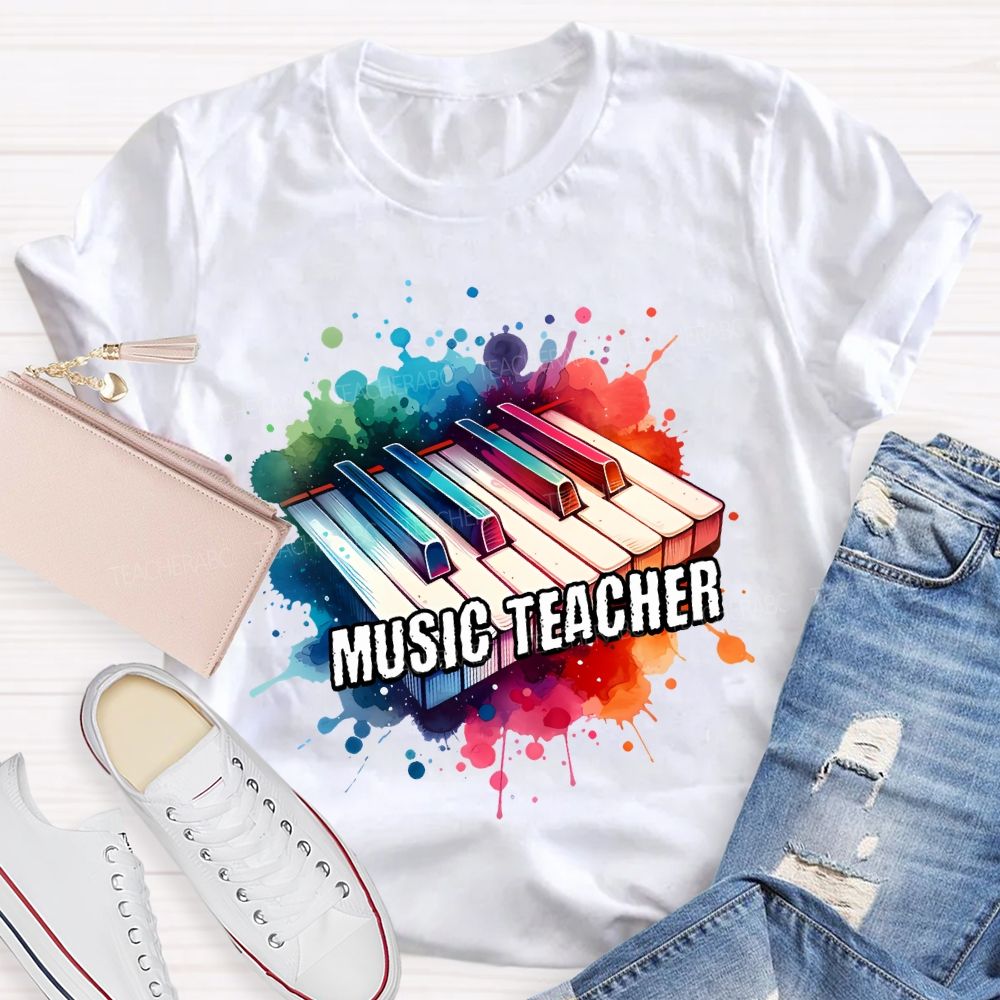 Music Teacher Watercolor Splashes And Piano Keys Teacher T-shirt