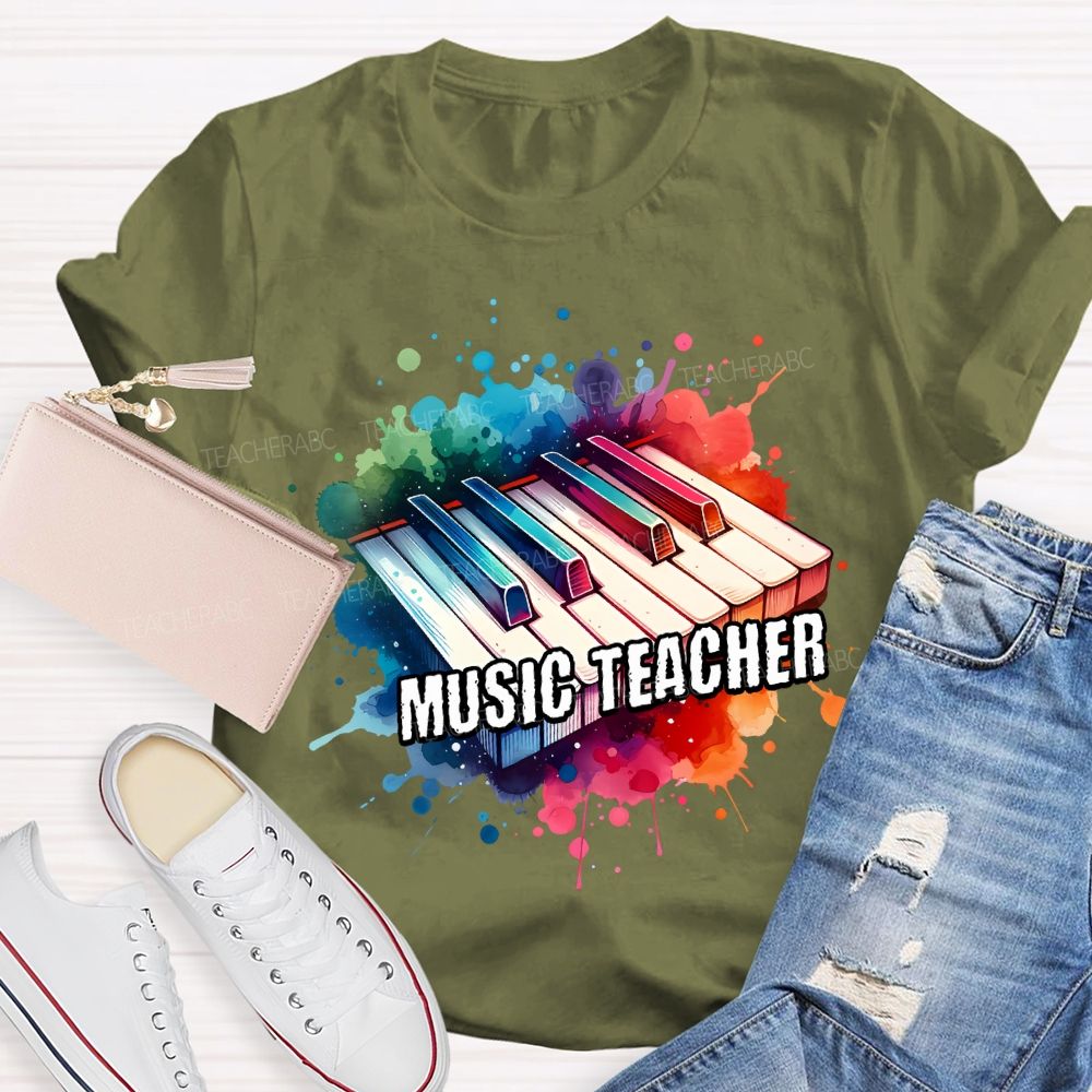 Music Teacher Watercolor Splashes And Piano Keys Teacher T-shirt
