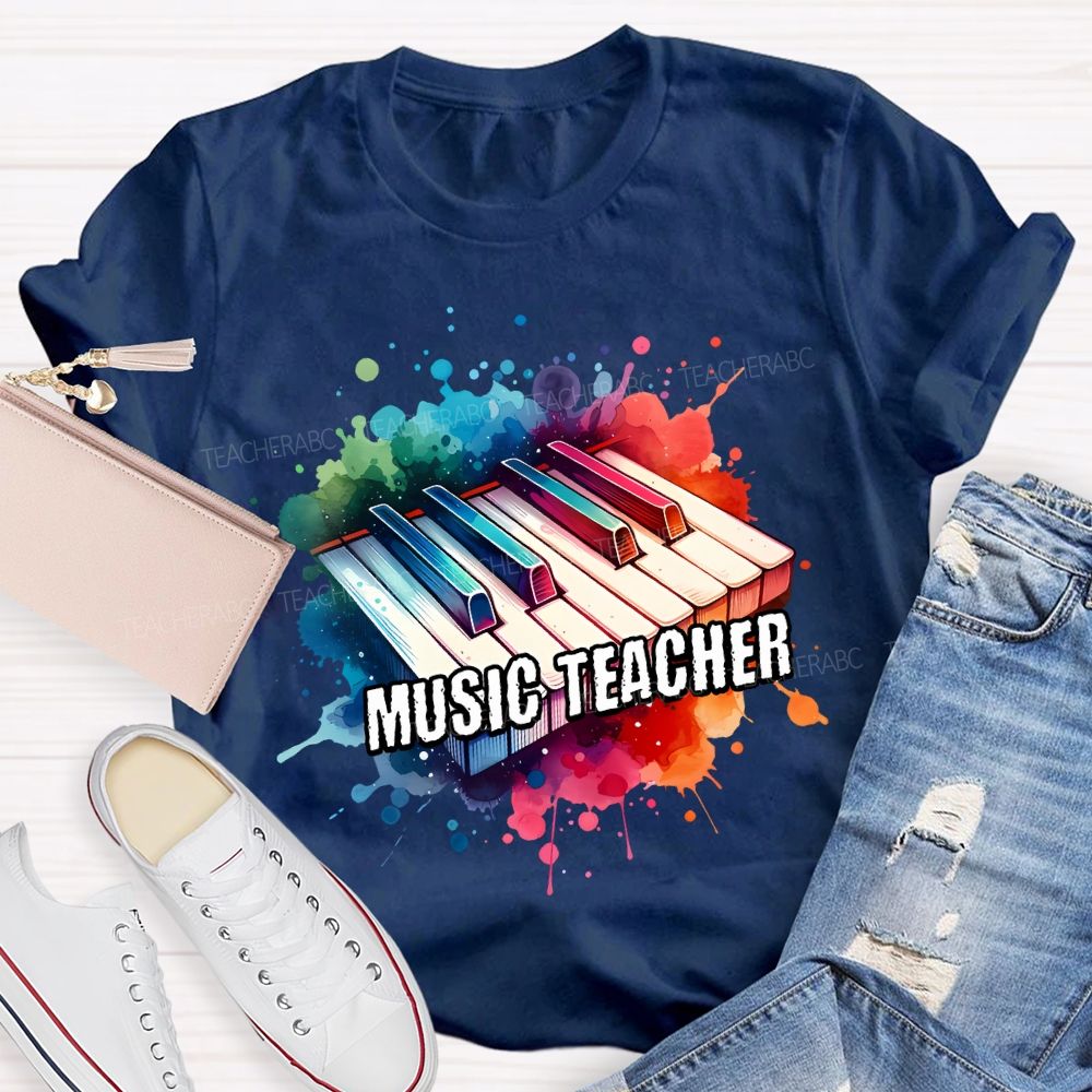 Music Teacher Watercolor Splashes And Piano Keys Teacher T-shirt