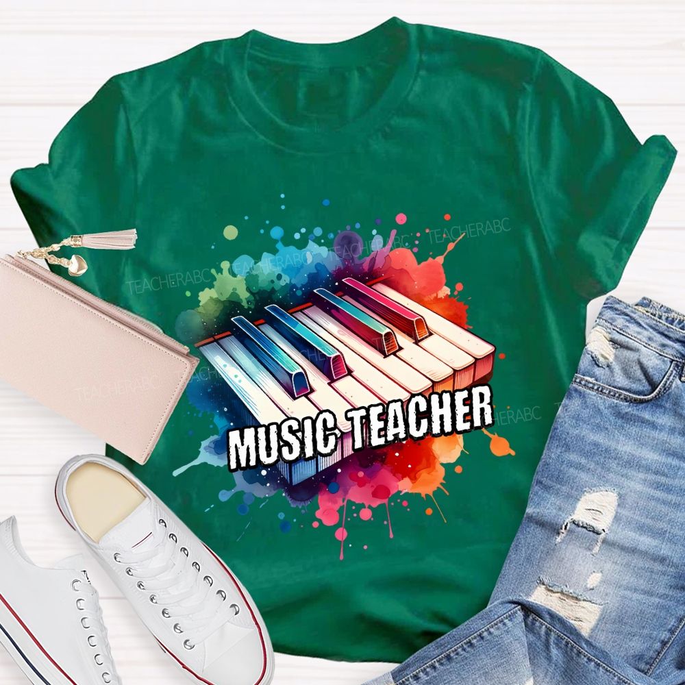 Music Teacher Watercolor Splashes And Piano Keys Teacher T-shirt