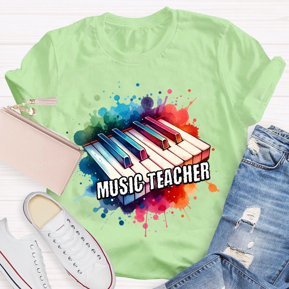 Music Teacher Watercolor Splashes And Piano Keys Teacher T-shirt