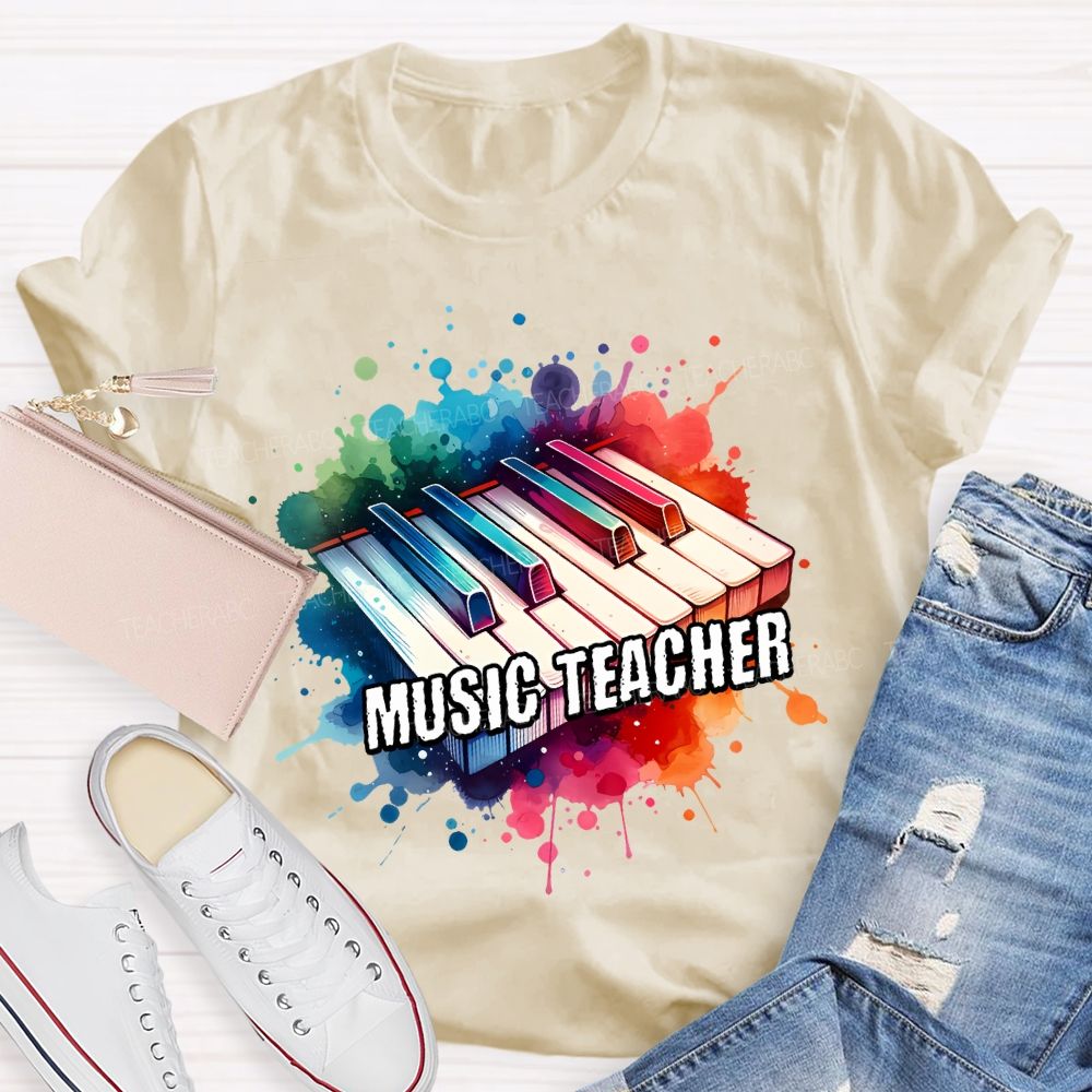 Music Teacher Watercolor Splashes And Piano Keys Teacher T-shirt