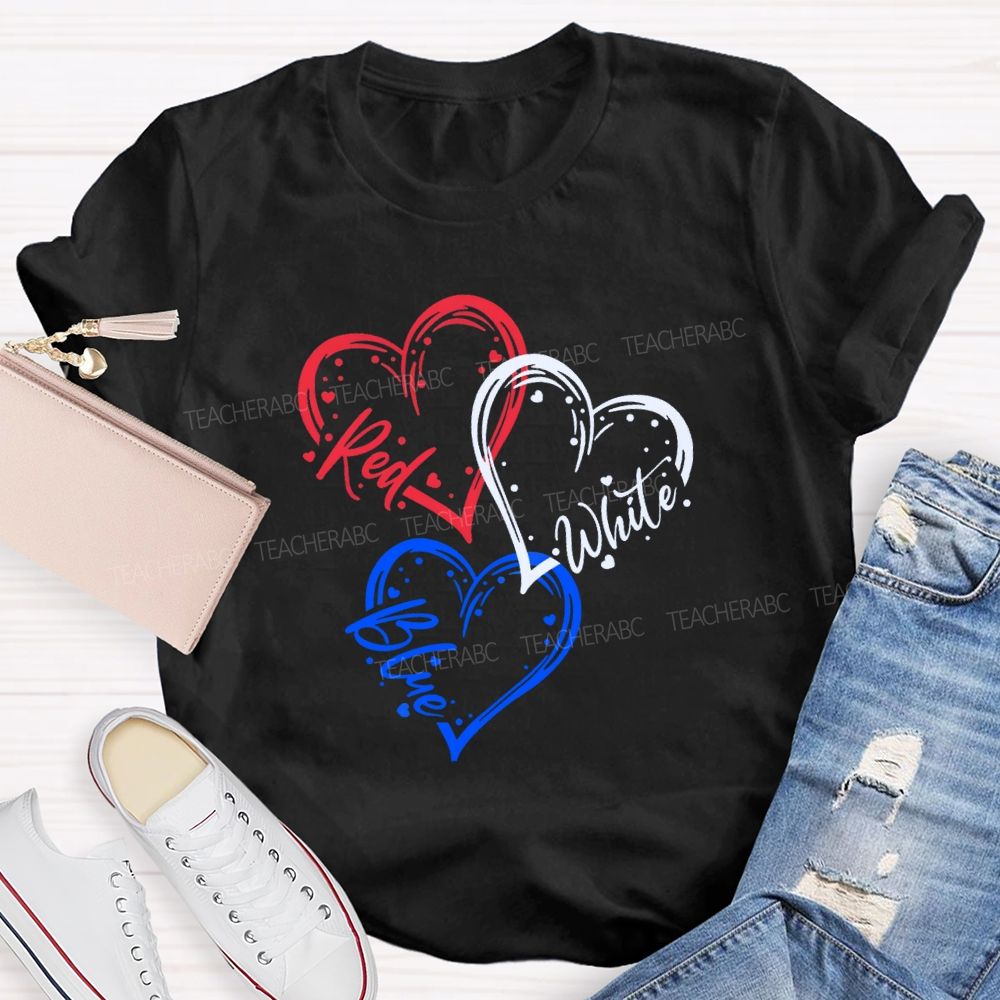 Red White Blue Heart Freedom Teacher T-shirt