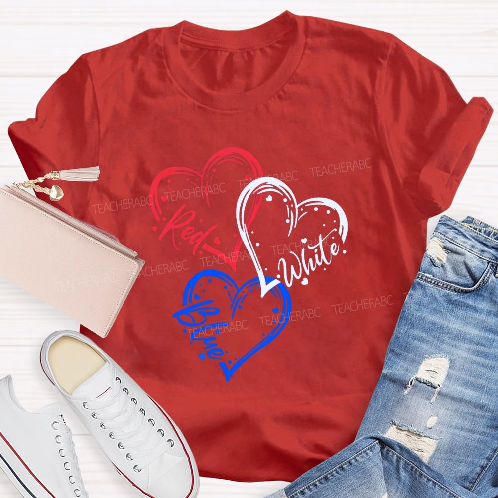 Red White Blue Heart Freedom Teacher T-shirt