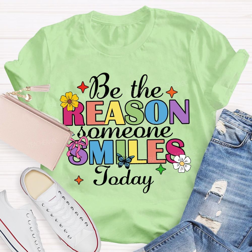 Be The Reason Someone Smile Today Floral Star Butterfly Teacher T-Shirt