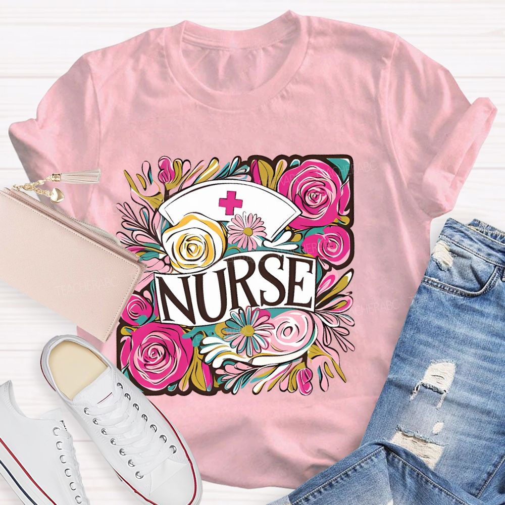 Nurse Flower Graphic  Teacher T-shirt