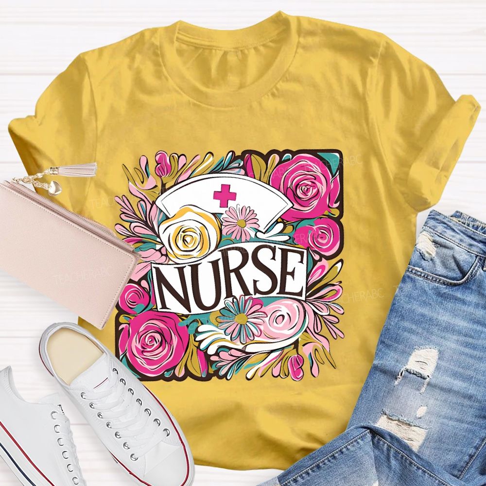 Nurse Flower Graphic  Teacher T-shirt