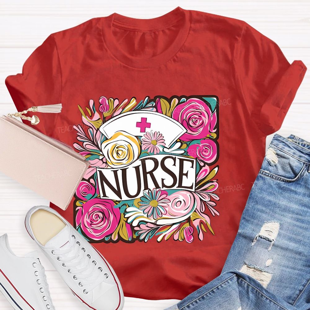 Nurse Flower Graphic  Teacher T-shirt