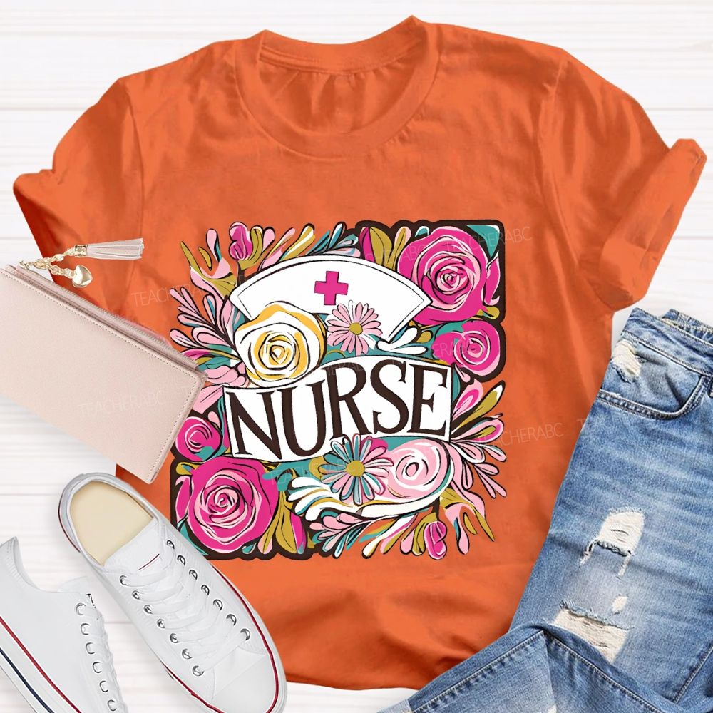 Nurse Flower Graphic  Teacher T-shirt
