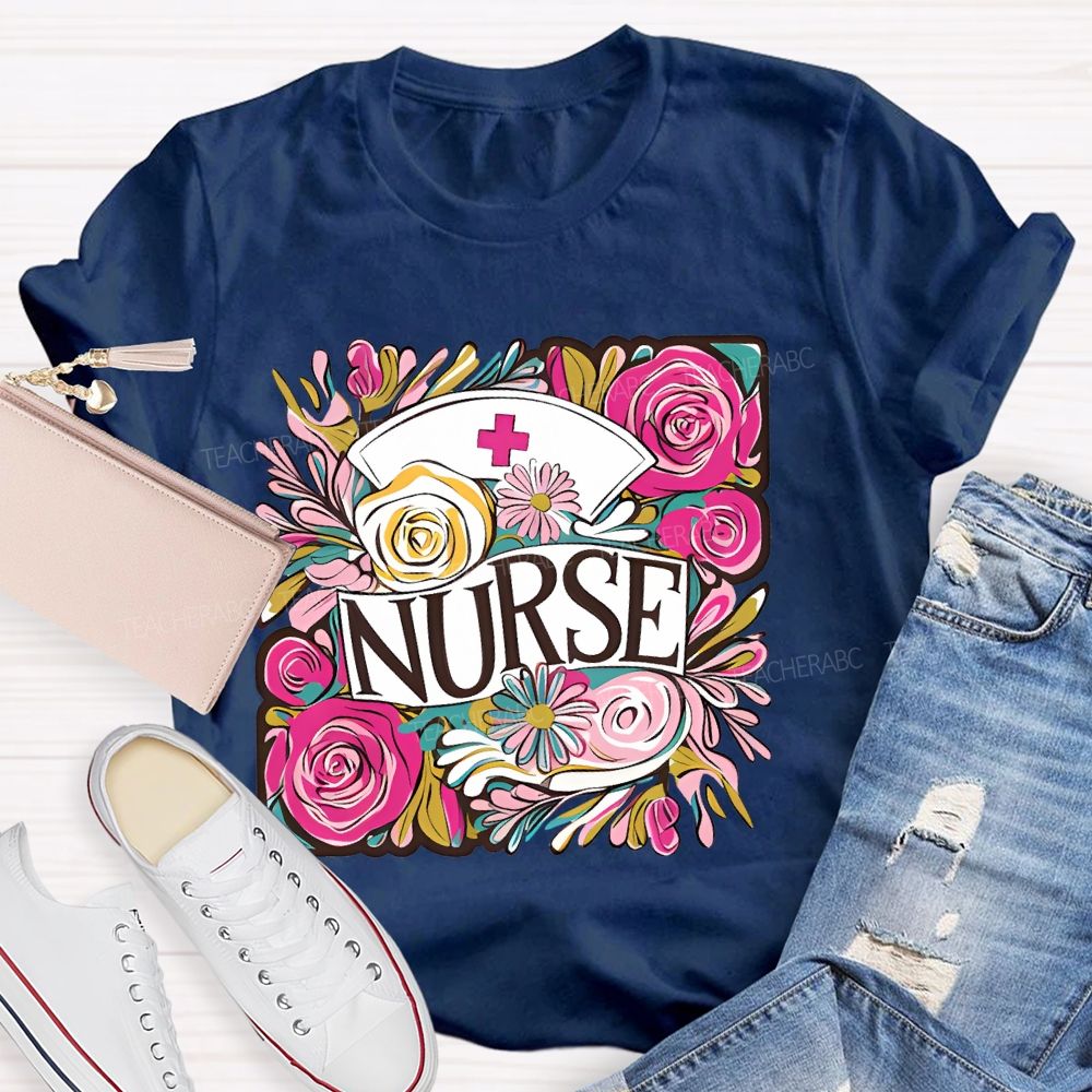 Nurse Flower Graphic  Teacher T-shirt