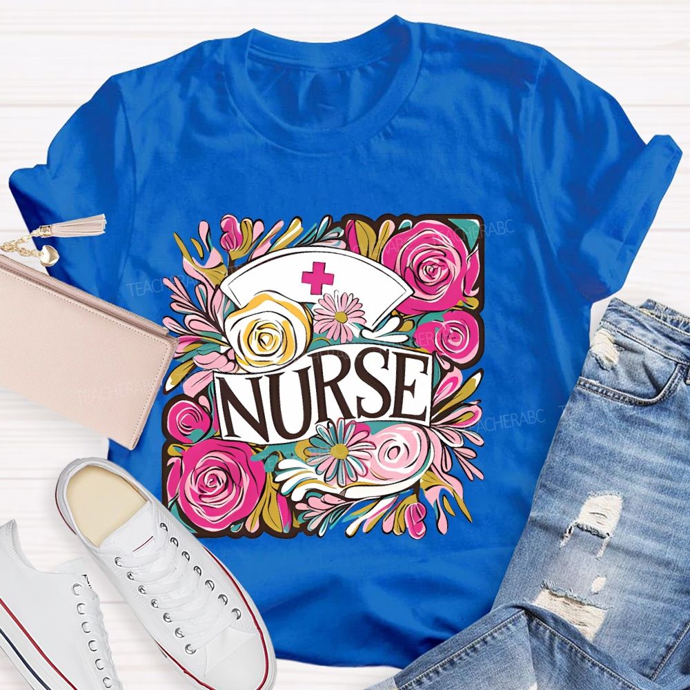 Nurse Flower Graphic  Teacher T-shirt