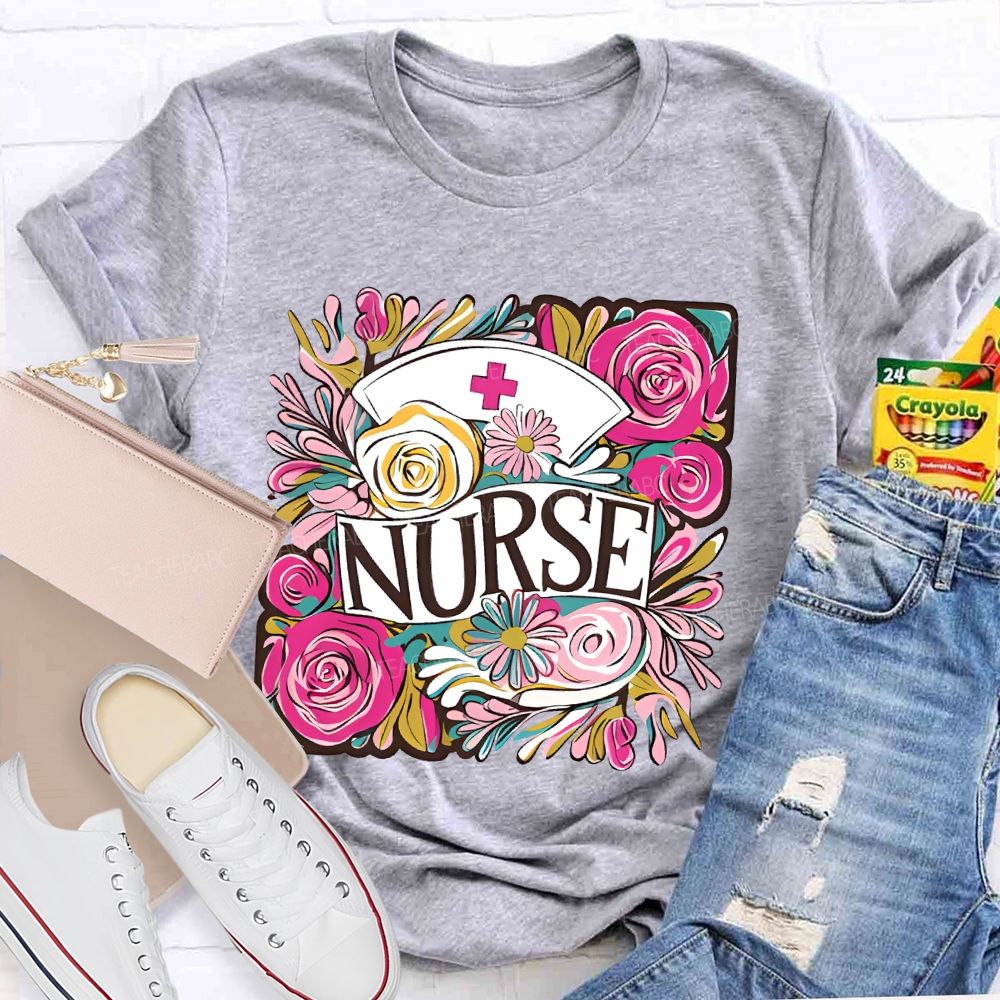 Nurse Flower Graphic  Teacher T-shirt