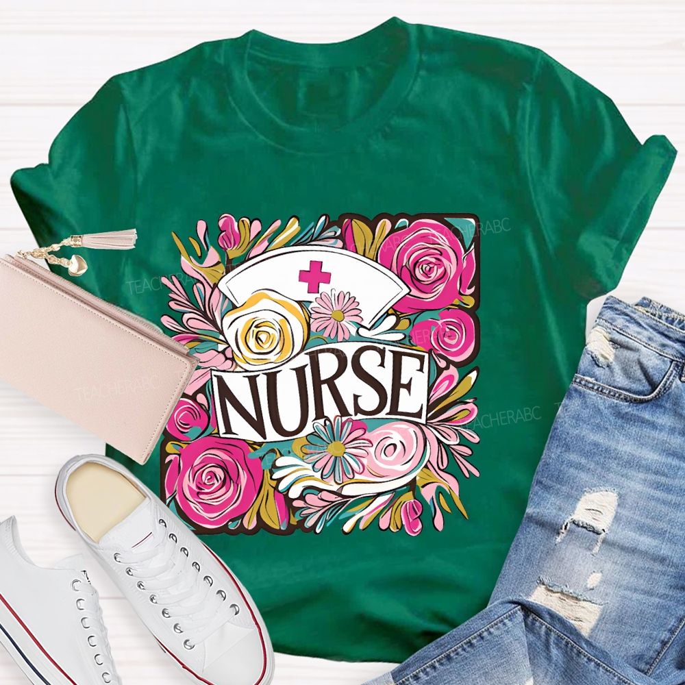 Nurse Flower Graphic  Teacher T-shirt