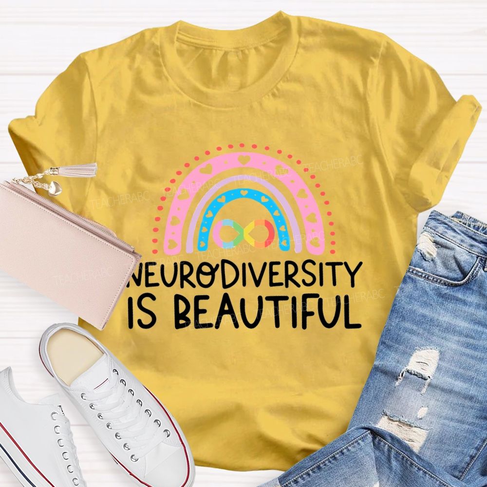 Neurodiversity Is Beautiful Pink Heart Rainbow Teacher T-shirt