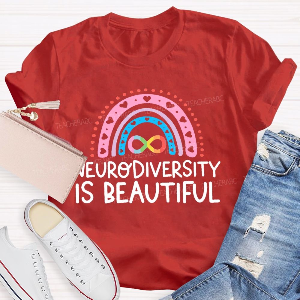 Neurodiversity Is Beautiful Pink Heart Rainbow Teacher T-shirt