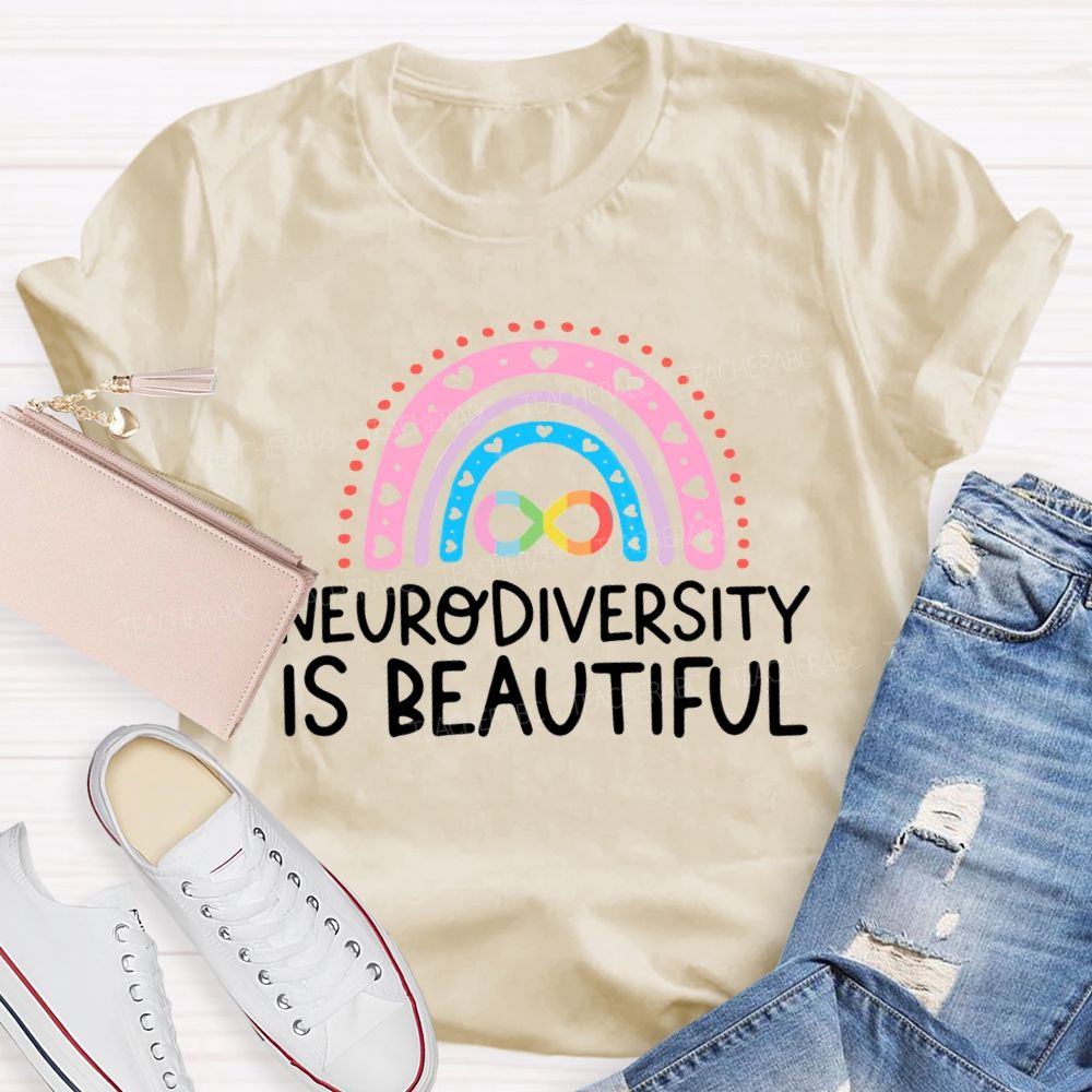 Neurodiversity Is Beautiful Pink Heart Rainbow Teacher T-shirt
