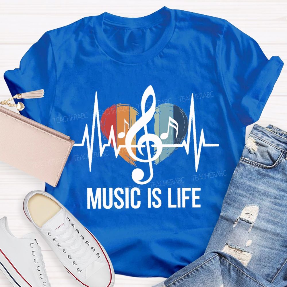 Music Is Life Colorful Heart Print Teacher T-shirt