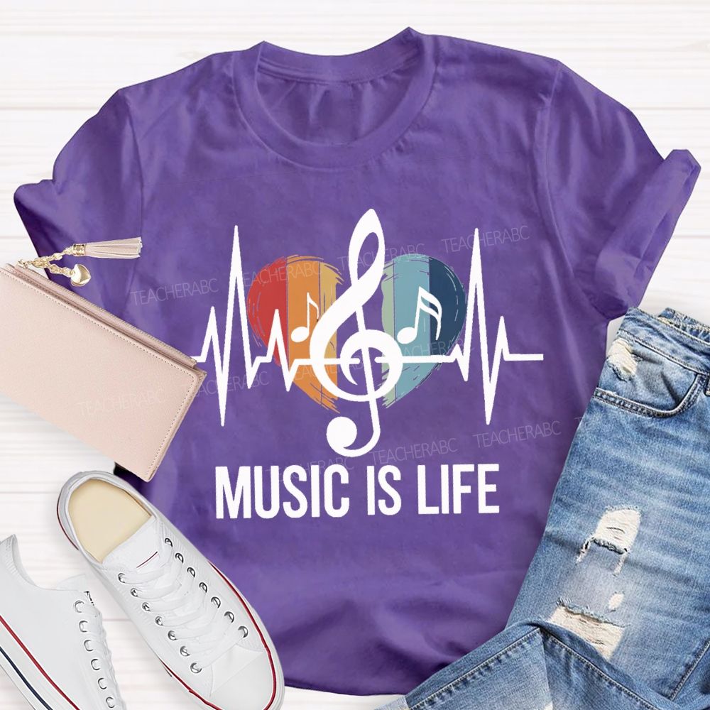 Music Is Life Colorful Heart Print Teacher T-shirt
