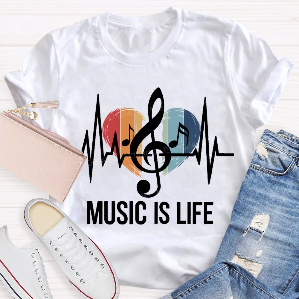 Music Is Life Colorful Heart Print Teacher T-shirt