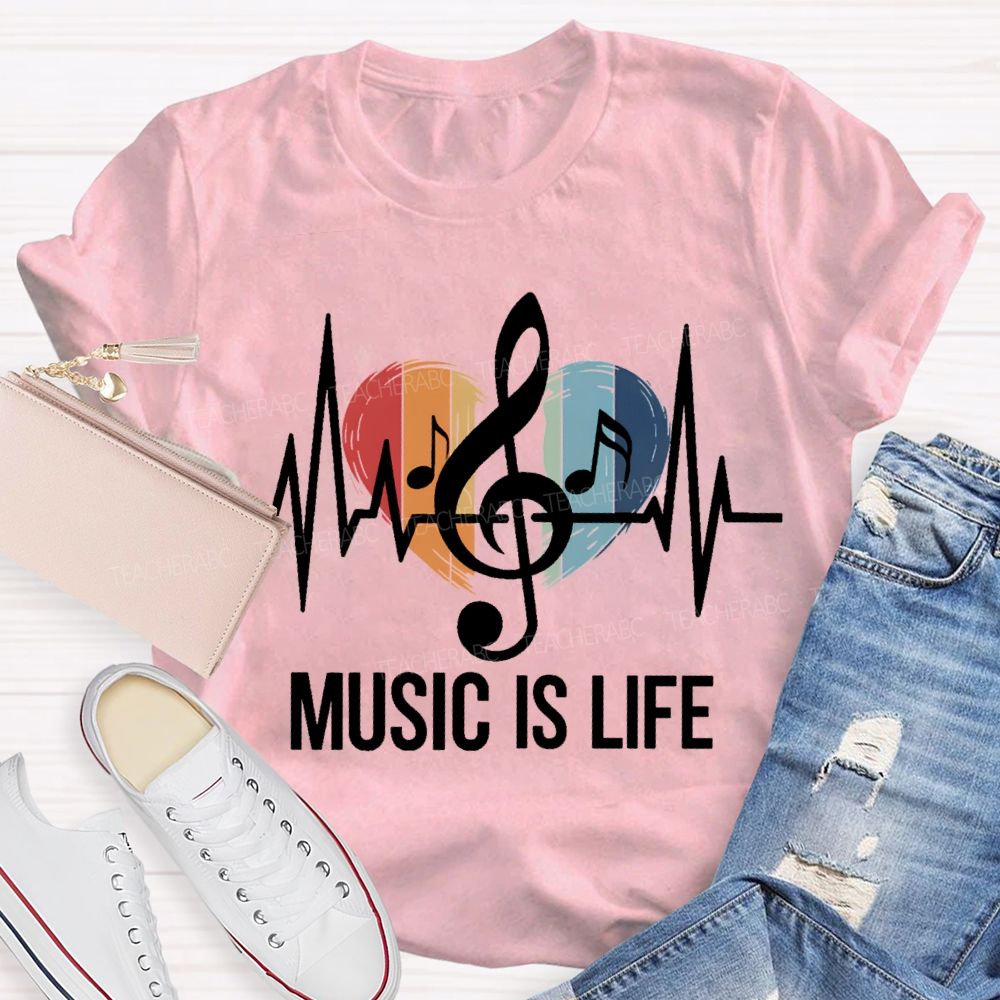 Music Is Life Colorful Heart Print Teacher T-shirt